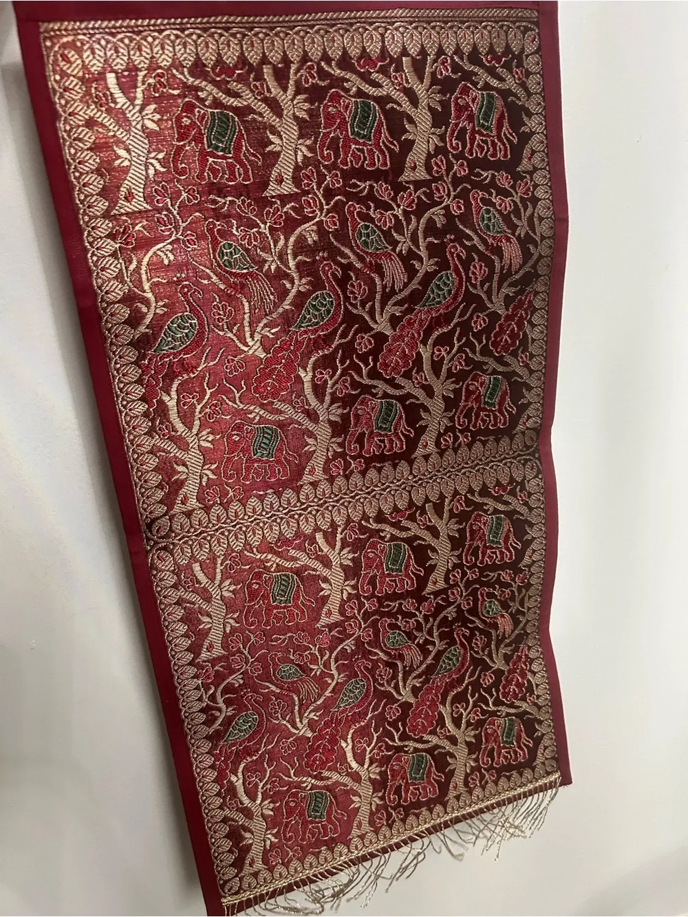 Embroidered Tapestry Wall Hanging with Elephants & Peacocks Gold, Red, Green